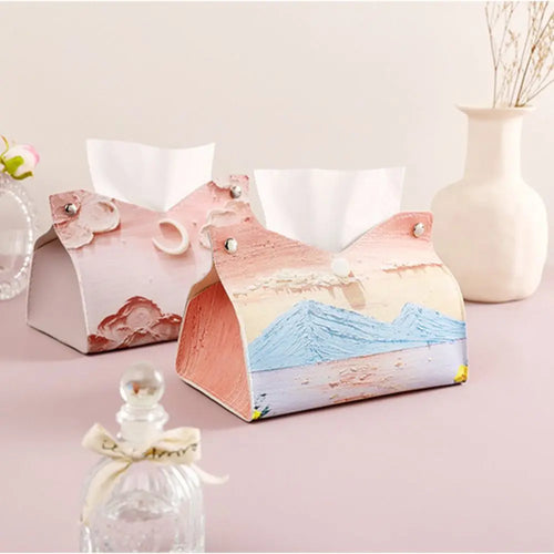Aesthetic Leather Pink Tissue Case Large Storage Oil Painting Paper Towel Box Creative Durable Napkin Holder Home